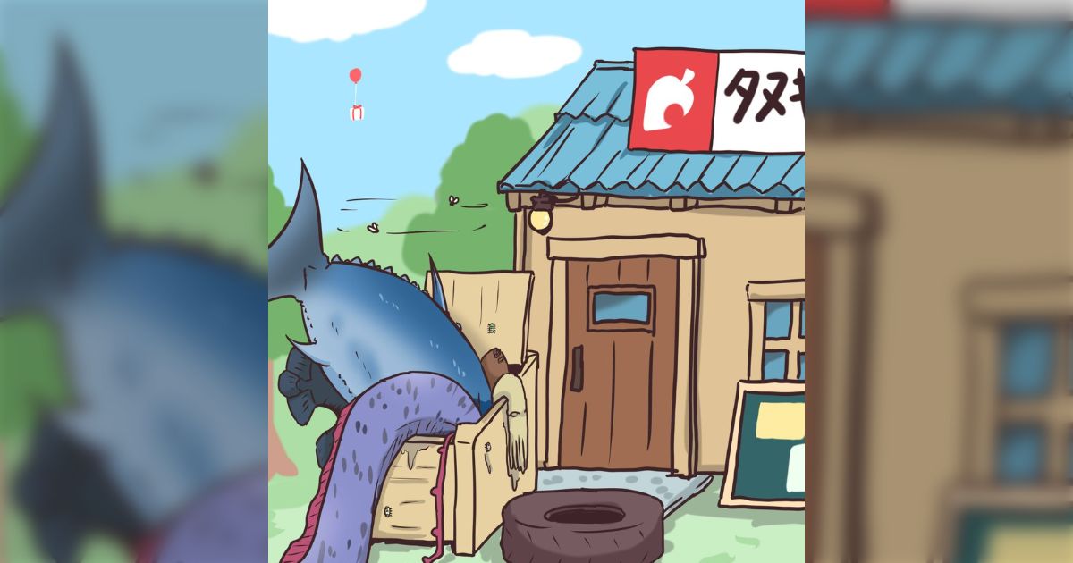 あつ森】午前7時半くらいのたぬき商店前を表現したイラストに