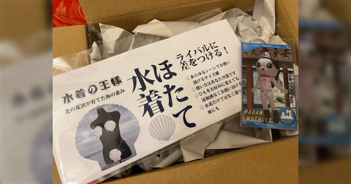 青森県むつ市のふるさと納税の返礼品のホタテ水着を着てみた