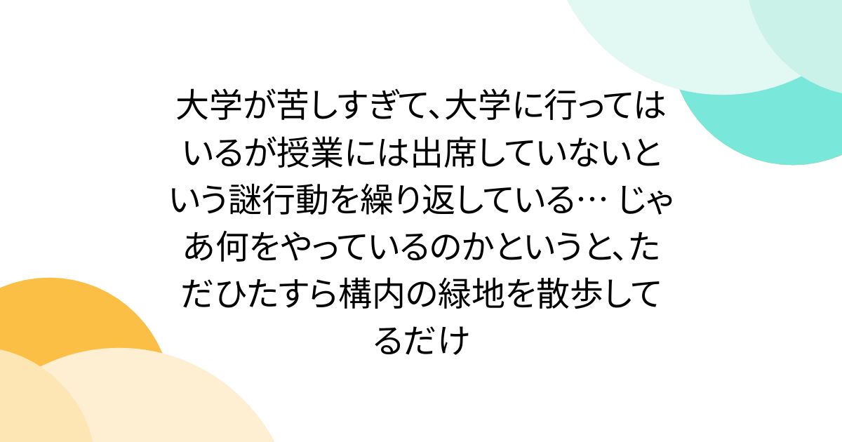 大学が苦しすぎて、大学に行ってはいるが授業には出席していないという謎行動を繰り返している… じゃあ何をやっているのかというと、ただひたすら構内の緑地を散歩してるだけ