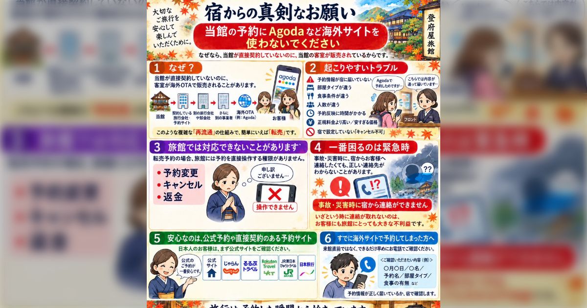 ある旅館が「Agodaなどの海外のホテル予約サイトを使わないで」と注意喚起→宿泊トラブルが相次いでいるので何かしらの法的な対応が必要では？