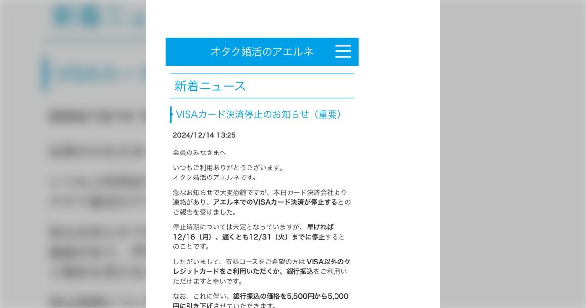 「オタクに故郷の村でも焼かれたのか…」オタク婚活のアエルネがVISAカードでの決済を停止される→表現規制とは関係ないところに決済停止の波が来ている