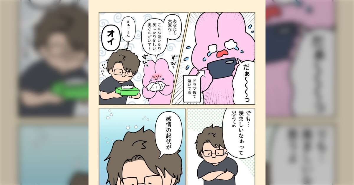 ドラマを見て泣いているときに夫から「感情の起伏がないから羨ましい」…だがその後の作者の「イルカショーを見てイルカの気持ちになる」で読者の頭がはてなマークに