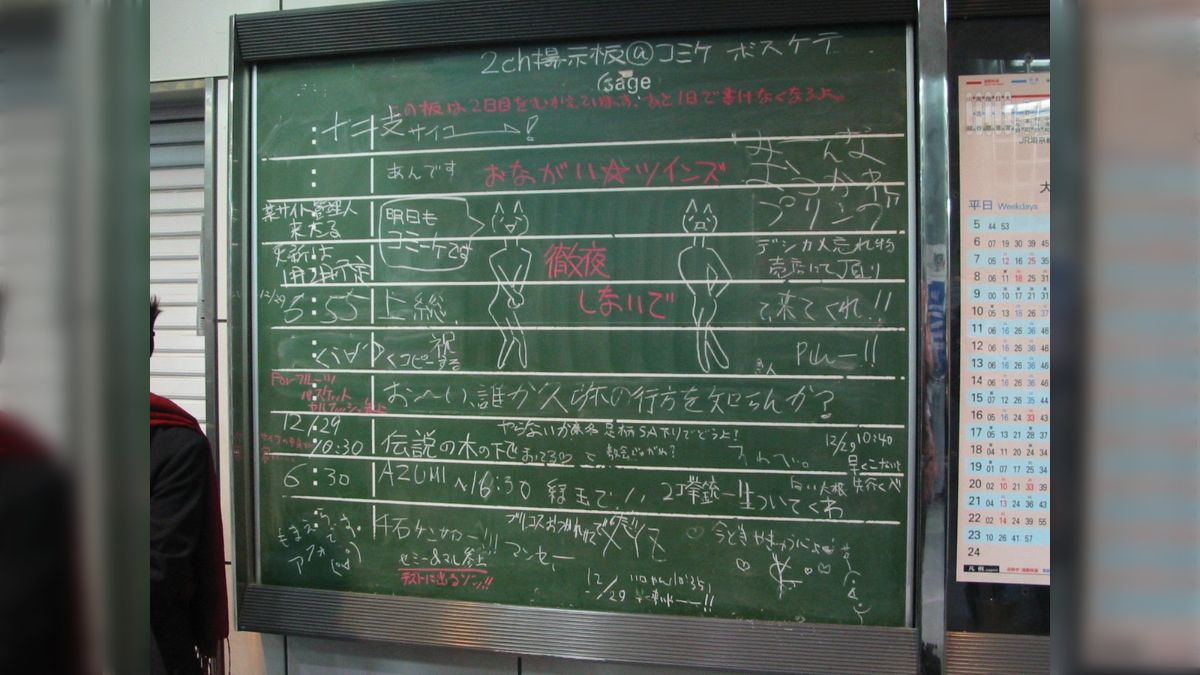 2003年冬コミの頃撮影した伝言板、懐かしいネタが多く描かれており2ch