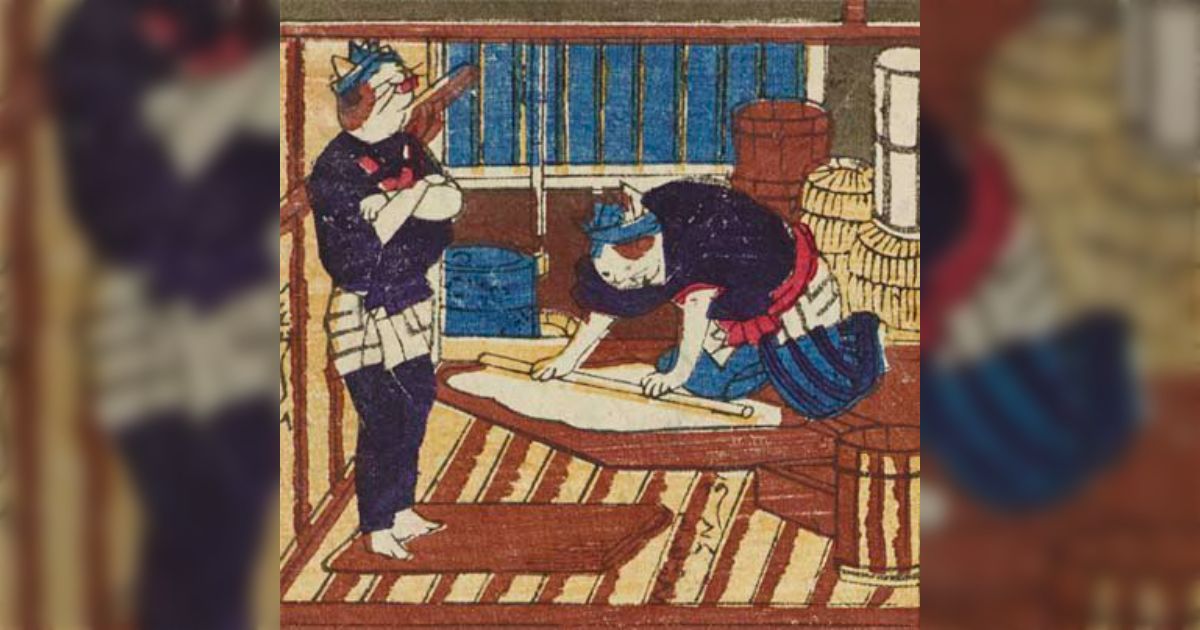 明治時代の「猫のそば屋」の浮世絵が味わい深い！客にそばをひっ