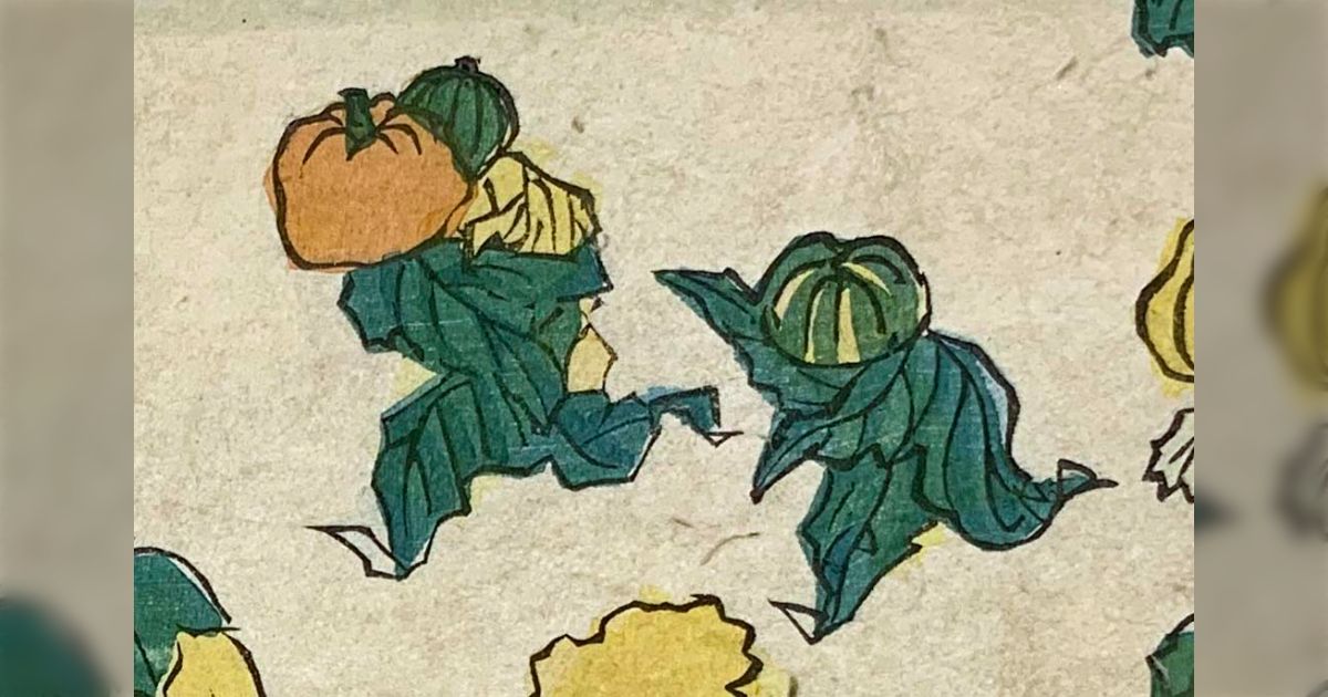 絵画４号　Shinkichi Hokonoki　深緑色のかぼちゃとユリ（横向き） ハロウィンを描いたんじゃないかと思える愉快な浮世絵がこちら「面白