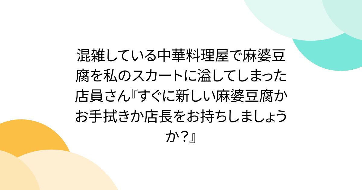 混雑している中華料理屋で麻婆豆腐を私のスカートに溢してしまった店員さん『すぐに新しい麻婆豆腐かお手拭きか店長をお持ちしましょうか？』