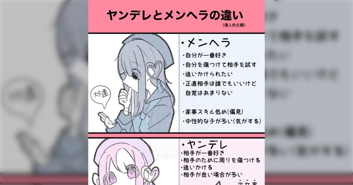[B! ネットスラング] メンヘラとヤンデレの違いをまとめたイラストがこちら「ふむ、、、わかりやすいなこの表現」
