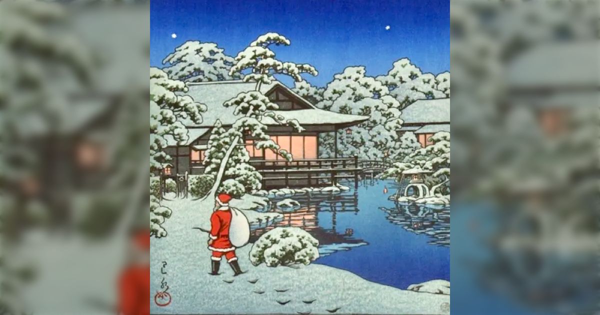 川瀬巴水 雪庭のサンタクロース ポスター 版画 曰本画