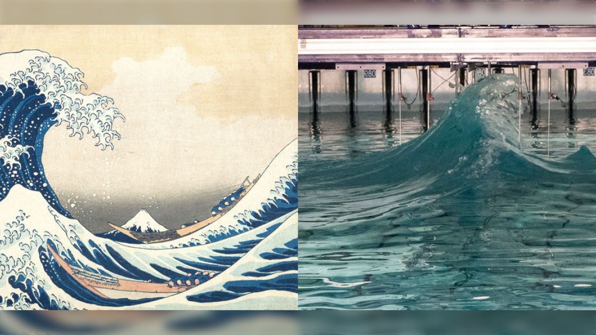 北斎の絵とハイスピードカメラで撮った波の比較を見て腰を抜かしそうに
