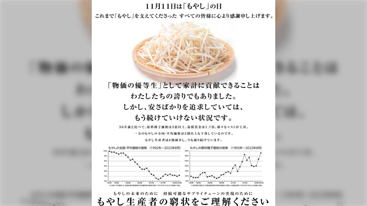 もやしの安さばかりを追求していては、生産が続けられない窮状に