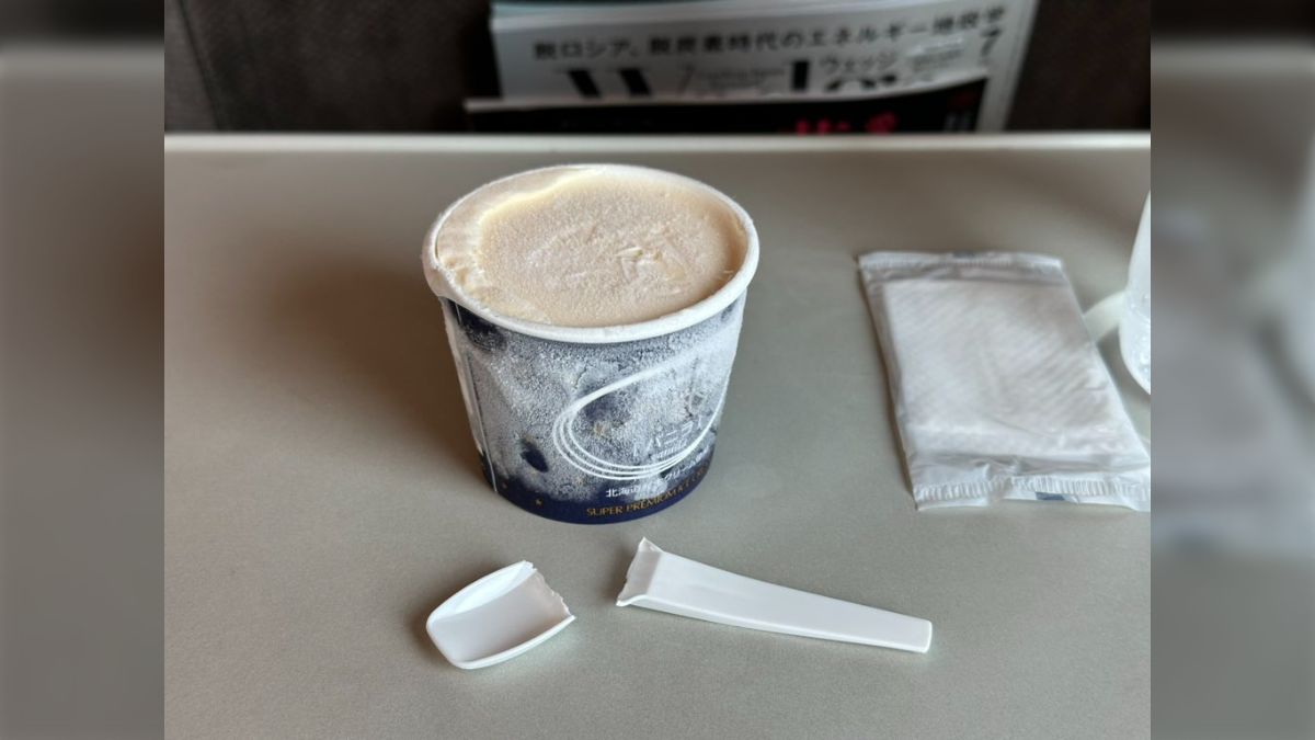 シンカンセンスゴイカタイアイス」を食べようとしてスプーンが