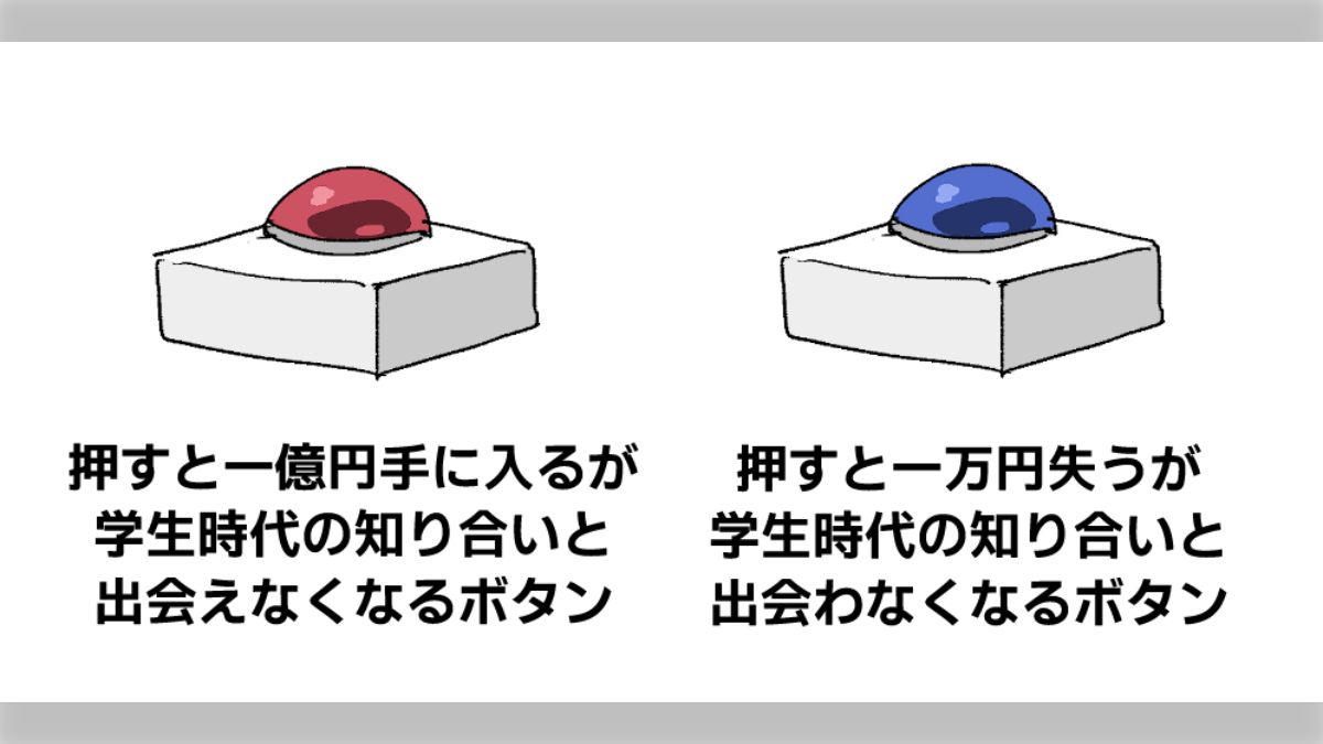 イラスト作成3 1億円手に入るが学生時代の知り合いと出会えなくなるボタン」と