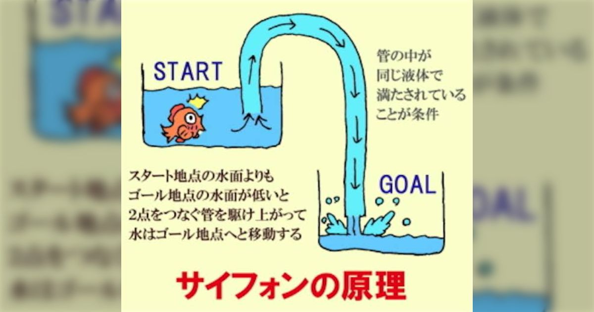 事業所で水槽の水がサイフォンの原理を使って排水溝に勝手に吸い出されていくのを見て、所員達が「なんで水槽を超えて水が流れていくのか解らない、、気持ち悪い」ってざわついた