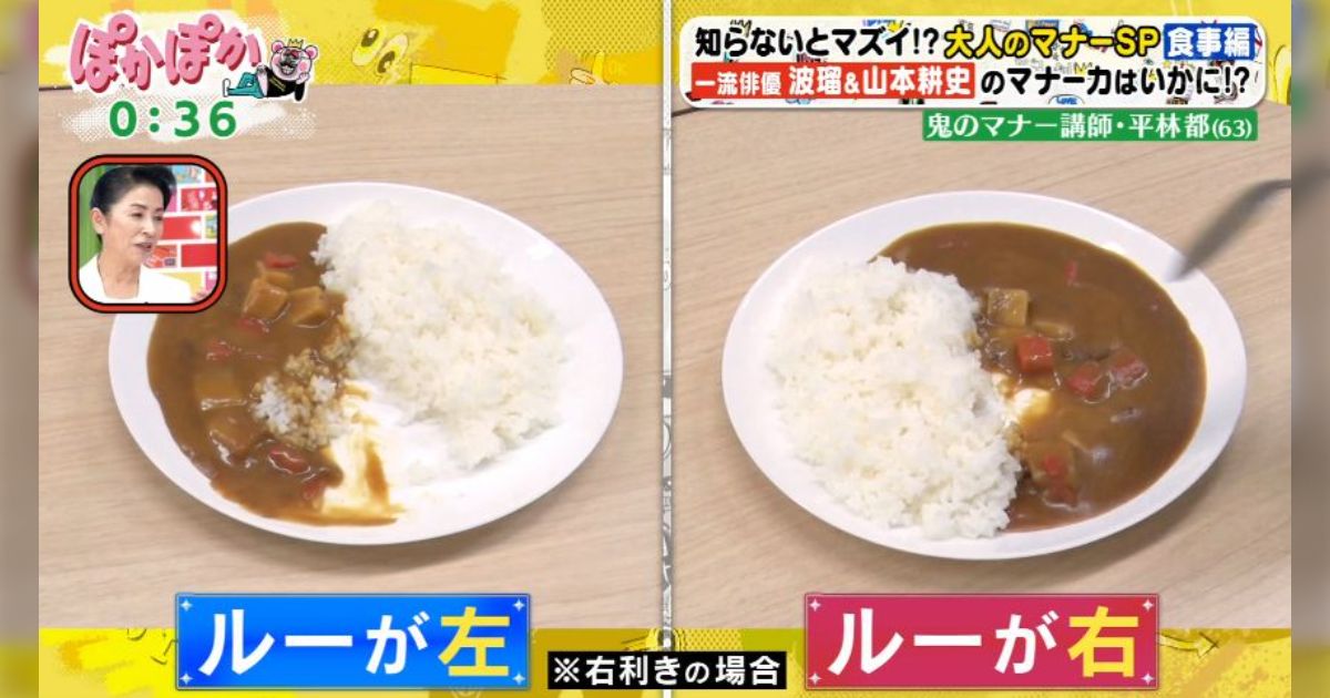 【失礼クリエイター】「カレーの皿の向きはライスが右、カレーが左なのがマナーです」 フジ・ぽかぽかでマナー講師の平林都がエセマナーを披露 『新たなウソを広めるな』『ココイチではルーは手前』