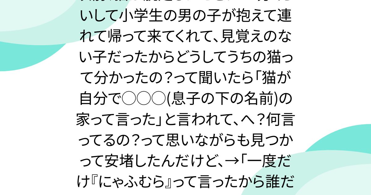 以前、猫が脱走したときに10分くらいして小学生の男の子が抱えて連れて帰って来てくれて、見覚えのない子だったからどうしてうちの猫って分かったの？って聞いたら「猫が自分で◯◯◯(息子の下の名前)の家って言った」と言われて、へ？何言ってるの？って思いながらも見つかって安堵したんだけど、→「一度だけ『にゃふむら』って言ったから誰だよって聞き返した」