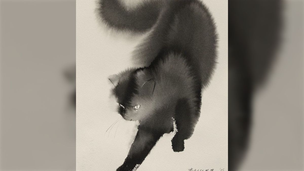 原画 墨絵 黒猫 #43 ネコ強化週間☆特別企画水墨画 メイキング☆黒猫さん - 旧
