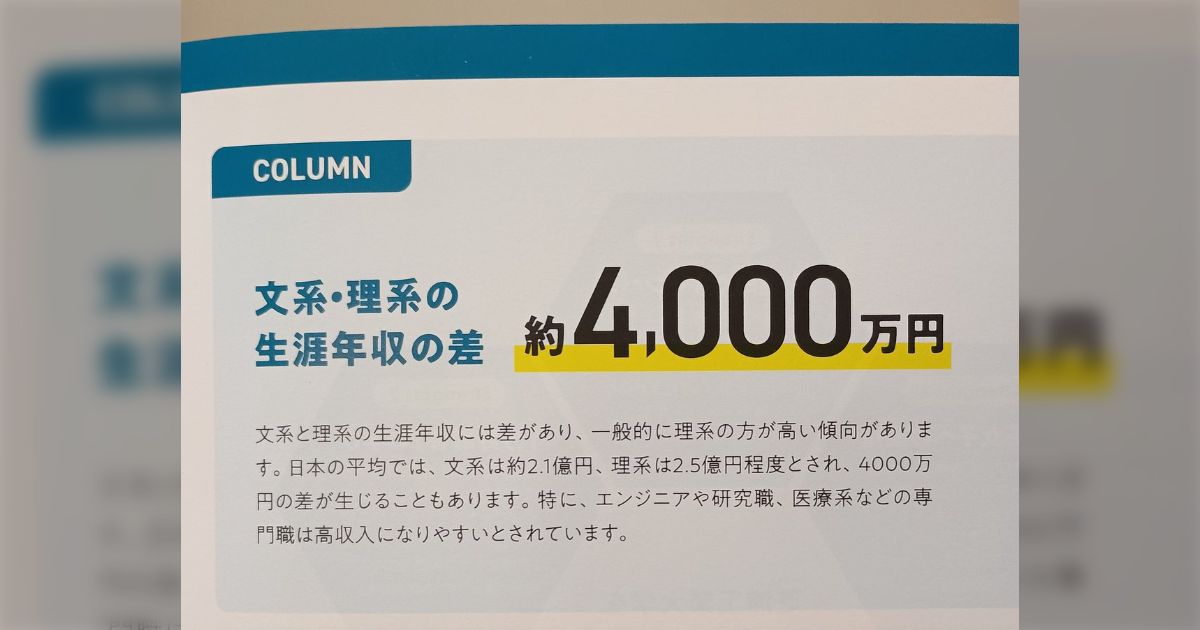 大学オープンキャンパスの保護者向けパンフにあった、理系と文系の生涯年収の差を示したグラフより男女の年収差が大きすぎた【追記あり】